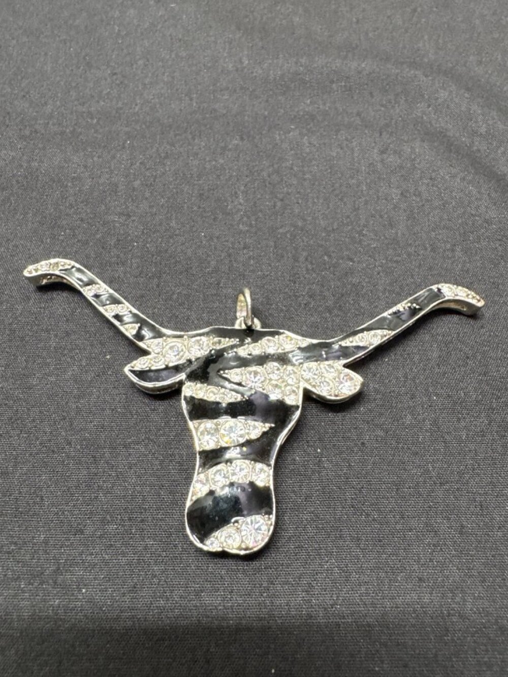Longhorn Pendant Zebra Stripe Rhinestones Silver-Tone Metal 8.5 cm Width Black &
